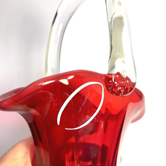 Mosser Ruby Red Art Glass Basket Clear Handle USA Flower Daisy - Picture 8 of 8